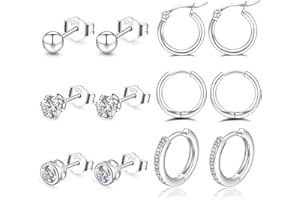 Silver Hoops Earrings for Women 925 Sterling Silver Hoop Earrings with Silver Stud Earrings Set with Cubic Zirconia Unisex Sleeper Huggie Small Hoop Earrings for Men Women(4mm*3+1 * 8/10/12mm) PABBEU