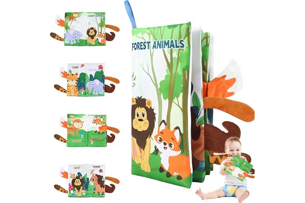 TenaLucy Livre en tissu pour bébé - Livre de crépitement - Livre d'images - Quiet Book - Cadeau d'éducation précoce - Jouet de dentition - Jouet pour bébé de 6 mois - Garçon et fille (animaux de la