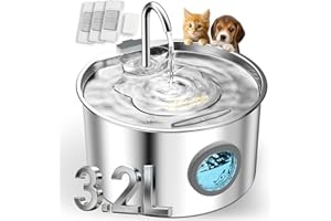 UPAWPIA 3.2L Katzenbrunnen Edelstahl mit 3 Filtern Trinkbrunnen für Katze Katzenbrunnen für Katzen mit Wasserstandsfenster Ultra leise Wasserbrunnen für Katzen Cat Water Fountain mit LED Licht