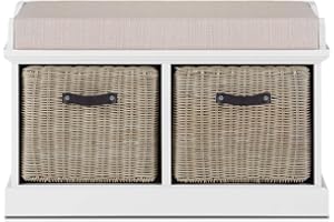 TETBURY FURNITURE Tetbury white hallway bench with 2 deep brown baskets and cushion seat