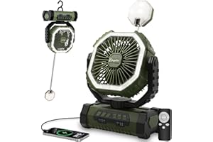 OUTACT Camping Fan with LED Lantern, 20000mAh Portable Rechargeable Desk/Tent/USB Fan with Remote and Hook, Timer, Phone Charging for Outdoor, Office, Fishing, Power Outage, Hurricane, Picnic, Green