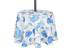 3E Home Outdoor Tablecloth with Parasol Hole Waterproof Patio Garden Round Tablecloth, Table Cover with Umbrella Hole and Zipper– Protect Your Table from Rain and Sun (Blue Palm Leaf)