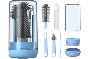 YOTIME Baby Bottle Brush, Travel Bottle Cleaner Kit with Extendable Silicone Bottle Brush, Nipple Cleaner Brush, Straw Brush, Soap Dispenser, Dust Cap and Stand, Blue