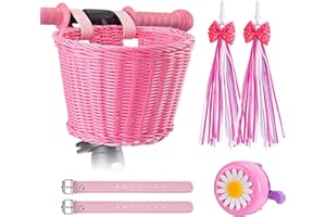 JIUAI Kids Bike Basket Set, Girl Bike Basket Pink Handwoven, Children Cycling Baskets with Leather Straps, Bicycle Accessories, Bowknot Streamers and Bell Easy Install Detachable
