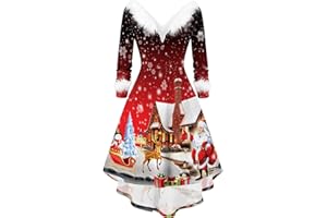 AMHOMELY Women Dresses for Special Occasions Clearance Christmas Dresses Ladies Party Elegant Dress Solid Long Sleeve Xams Furry V-Neck Draw Back Swing Dress UK Size Holiday Clothing