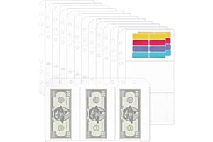 STYQUENZER Buste per raccoglitori, 12 buste A6 senza cerniera per contanti, in PVC trasparente, 6 fori, per organizzare foto, carte, banconote, con 16 etichette adesive (36 tasche)