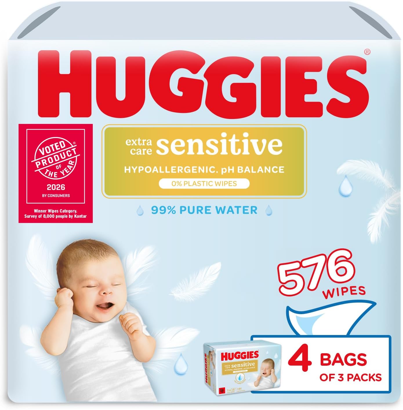 Huggies Extra Care Sensitive Baby Wipes - 12 Pack (576 Wipes) – Plastic Free Wet Wipes, 99% Water, Fragrance Free, Hypoallergenic, Extra Soft Texture with Soft Pillows