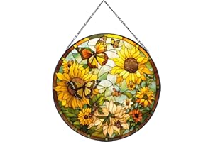 Payutou Sunflower Hanging Stained Glass for Windows,20cm/7.87inch Hand-Painted Sun Catcher Garden Hangings Christmas Mother's Day, Valentine's Day Ornaments Festival Gift
