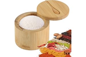 SAVOSWEET Frasco de Condimento de Bambú con Cuchara, Caja de Especias de Bambú Redonda, Almacenamiento de Cocina de 9x9x7 cm, Almacenamiento de Cocina Natural Perfecto para Sal, Pimienta y Condimentos Sólidos