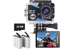 Nvgfelis Camara Deportiva, WiFi Camara acuatica HD 1080P con Tarjeta de 32GB, Camara Moto con Accesorios Cámara Casco Moto, Action CAM con 2 baterías de 1050mAh y Accesorios Multiples