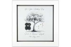 Handmade Fully Personalised Wedding Day Pebble Art Gift, Pebble Picture, Mr & Mrs Gift, Couples Gift, Couple on Swing Gold (W