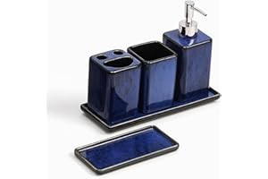 Home Harbour Zen Essence Fambe Collection | 5-Piece Blue Bathroom Accessories Set | Soap Dispenser, Toothbrush Holder, Tumbler, Vanity Tray, & Multipurpose Holder | Decor Organiser (Set of 5 Blue)