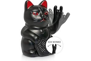 ANGRY CAT - Gato de la suerte - Rock- Rock- Japanese Winkkatze rockt - Figura de gato anguloso - Brazo anguloso con signo de metal pesado - 15 cm - negro mate
