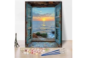 TISHIRON Malowanie według liczb, śródziemnomorskie okno, letni krajobraz, dekoracja wybrzeża, 40 x 50 cm, farba akrylowa, zestaw pędzli dla dorosłych, styl urlopowy