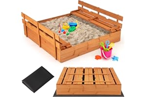 COSTWAY Bac à Sable en Bois Enfant avec 2 Bancs Convertibles, Bac à Sable Extérieur avec Conception sans Fond & Doublure, Charge 100kg de Chaque Banc pour Jardin Terrasse Cour, 18 Mois+