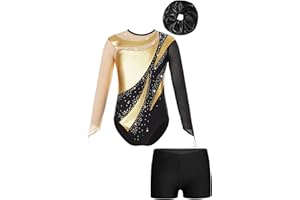 Xnihocha Mädchen Gymnastikanzug für Kinder Langarm Turnanzug Ballettanzug mit kurzer Hose Haarband 3-teiliger Tanz Outfits