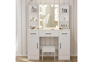 Umeiga White Dressing Table Set with Hollywood LED Lights Mirror, Adjustable Brightness, Vanity Desk with Mirror, 6 Open Shelves, 3 Drawers, Modern Makeup Desk