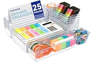 HOOMOOZ 25 Stück Schubladen Organizer aus Klarem Kunststoff, Schminktisch Ordnungssystem mit 4 Größen, Make Up Organizer Kommode Aufbewahrungsboxen Trennbox für Schlafzimmer Bad Büro Gadgets