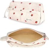 FINPAC Pencil Case, School Pencil Case 2 Compartment, Corduroy Pencil Case with Hand Strap, Portable Multifunctional Pencil C
