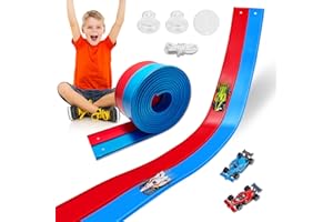 LANDHIX Flexible Race Track Toys for Kids, 15 Ft Double Lane Racetrack with 4 Cars & Suction Cups, Compatible with Hot Wheels & 1/64 Diecast Cars, Portable Roll Up Car Ramp Track Set for Ages 3+(Red+Blue)