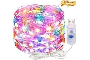 ALEGRE Łańcuch świetlny USB z timerem, 2 m, 20 diod LED, drut miedziany, łańcuch świetlny wewnątrz z wtyczką, kolorowy łańcuch świetlny LED z timerem, dekoracja na Boże Narodzenie, Halloween, wesele