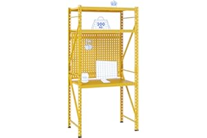 ‎FLEXISPOT FLEXISPOT Werkbank & Schreibtisch mit Regal und Lochwand – Stabiler Werkzeugtisch, bis 200 kg belastbar, vielseitig nutzbar in Werkstatt, Büro, Lager oder Zuhause (Gelb)