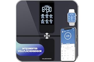 HELDENWERK Personenwaage Körperfettwaage, Waage Personen mit App & Vollflächensensor 180 kg/400 lbs, Körperwaage Digital, Bluetooth Körperanalysewaage für Körperfett, BMI, Muskelmasse, Protein, BMR