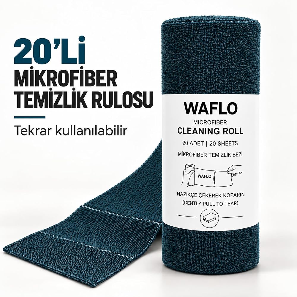 Mikrofiber Temizlik Bezi Rulo 20'li - Petrol Mavisi | Yüksek Emicilik, Tekrar Kullanılabilir, İz Bırakmaz