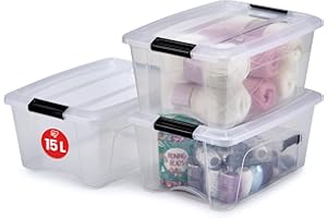 Iris Ohyama 3 Cajas de almacenamiento con tapas, 15L, Transparente, Clips de Cierre, Duradero, Apilable, para Dormitorio, Armario, Oficina, Organizadora, Ropa, Libre de BPA, NTB-15