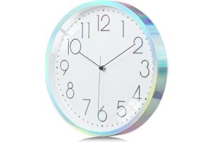 Lafocuse Kolorowy srebrny zegar ścienny, 30 cm 3D kolorowe cyfry cichy nietykający zegar, nowoczesny zegar kuchenny na baterie do salonu, szkoły, sypialni, biura, domu