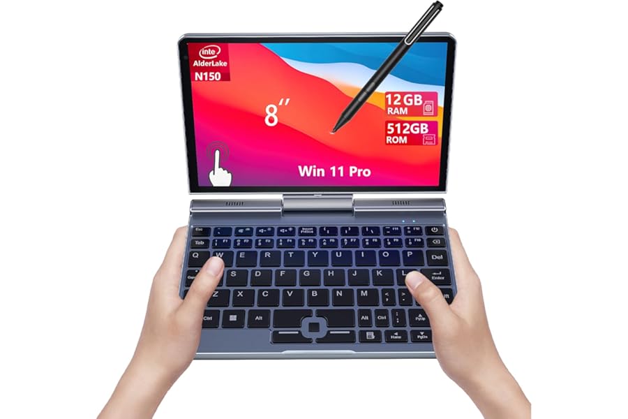 8" Mini Laptop, 2-in-1 Small Computer N150, 12GB RAM, 512GB SSD, Touchscreen, Win 11 Pro, Wi-Fi 6, BT 5.2, Stylus Support, HDMI, Lightweight Portable Convertible PC