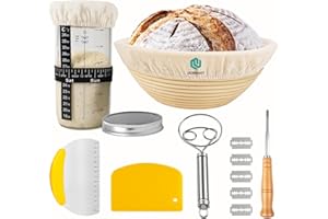 JAOBHAHY Set di Cestino Lievitazione Pane Rotondo Da 23cm con Barattolo per Lievito Naturale da 650 Ml, Spatola in Metallo + Spatola in Plastica + Impastatrice + Lama per Pane, Ideale per Pasta Madre
