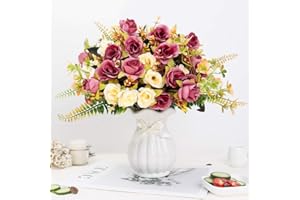 LESING Ramos de Seda Artificial con jarrón, Flores Falsas, Ramos de Flores de Boda, arreglo para el hogar, Oficina, Fiesta, Centro de Mesa (Rojo Violeta-1)