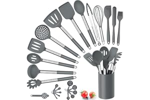 Herogo Set di 25 utensili da cucina in silicone con supporto, set di posate da cucina resistenti al calore, con manico in acciaio inox, antiaderente, set da cucina, contenitore, grigio
