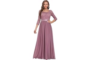 Ever-Pretty Vestito Donna Elegante Cerimonia 3/4 Manich Stile Impero Maxi Linea ad A Pizzo Chiffon Abiti da Damigella EP07412