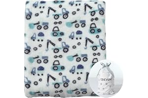 CREVENT, Graziosa copertina per bambini, unisex, leggera, setosa, confortevole e calda, per culla e passeggino, adatta per tutte le stagioni, 75 x 100 cm (blu, motivo con camion)