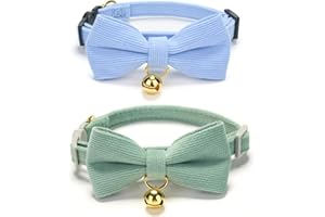Petiry Soft Corduroy Cat Collars - Quick Release Kitten Collars with Removable Bow Ties and Gold Bells,Pack of 2,SageGreen Blue