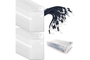 LECHENGJIA Lot de 20 porte-badges verticaux en plastique transparent et 20 cordons tour de cou avec crochet en métal pour entreprise, exposition, bureau, groupe, étudiants, adultes