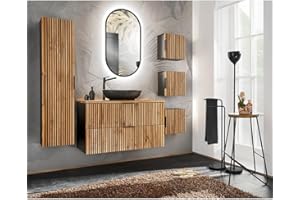 Lomadox Badezimmer Komplett Set mit Hochschrank, 3X Hängeschrank, Waschtisch, Aufsatzwaschbecken, LED Spiegel in anthrazit mit Eiche Nb. schwarz gerillt, B/H/T: ca. 200/200/46,5 cm