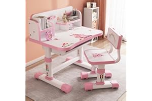 LUOJUNY Children's Table Chair Set, Children's Desk Height Adjustable, Desk Children Girls & Boys, Cartoon Children's Desk, Children's Desk with Chair and Drawer (Pink)