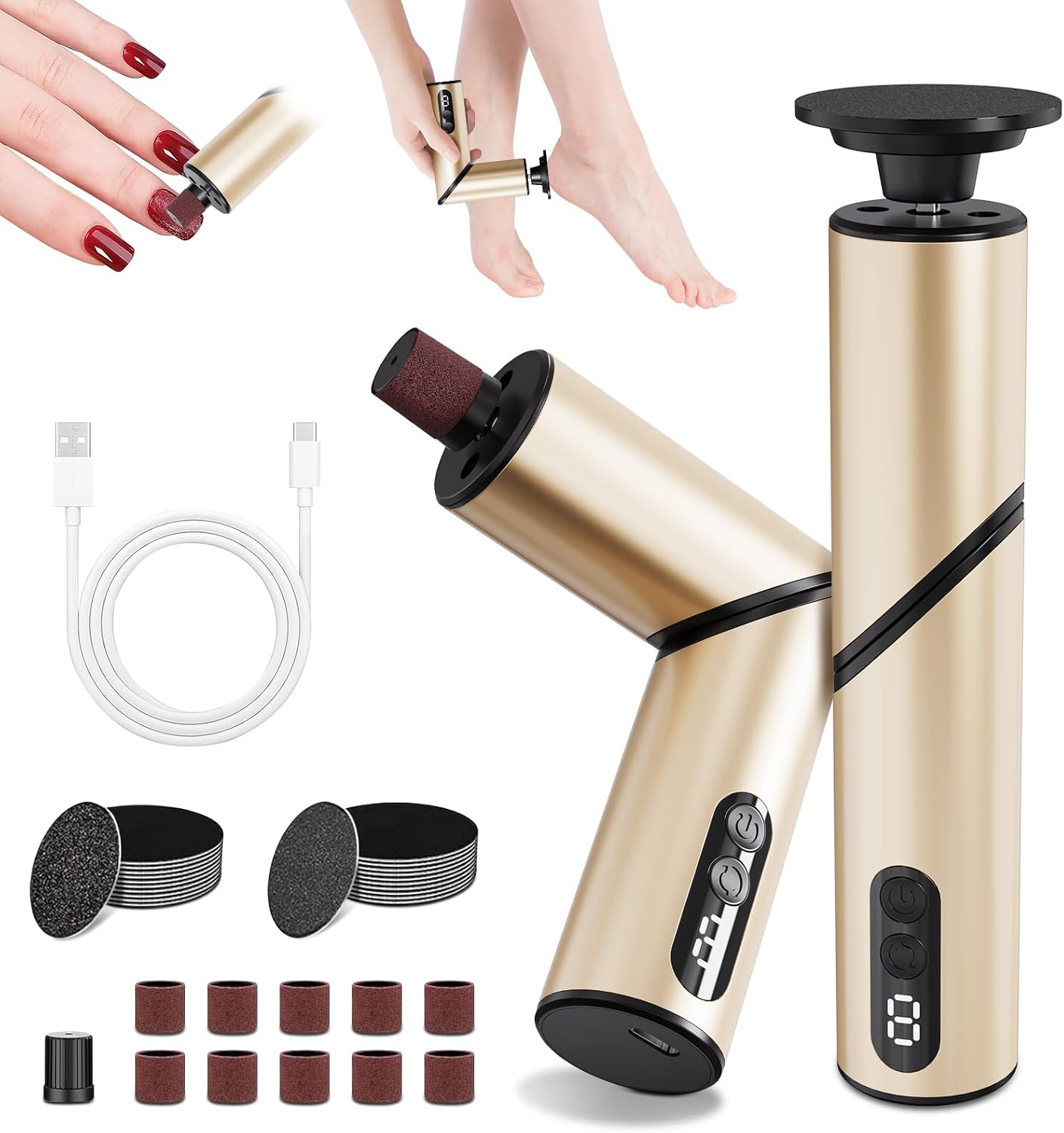 ATAUSD 5 en 1 - Eliminador de callos eléctrico, diseño plegable eléctrico, eliminador de callos y lijadora de uñas para talones agrietados, color dorado champán