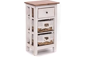 ‎DESIGN DELIGHTS TELEFONTISCH "RATTAN 70" | 70x38x28 cm (HxBxT), Mahagoni, mit Rattan Körben und Schublade | Beistelltisch aus Massivholz, Holz Konsolentisch, Badezimmerschränkchen | Farbe: 06 weiß-landhaus