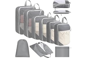 Vautvis Zestaw organizerów do walizek, 9 kostek do pakowania, kompresja plecaka, kompresja kostek pakowania, kompresja organizera walizki, niezbędne akcesoria podróżne