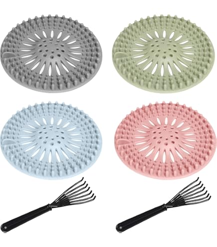 4 Pièces Attrape Cheveux Douche Silicone - Filtre Évier Baignoire Carré Réutilisable Blanc Bleu