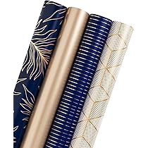 LeZakaa Carta Da Regalo Reversibile Compleanno - 43,2 Cm X 10 M, Blu Navy Con Scritta Happy Birthday E Righe Oro - 3