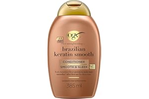 OGX - Après-Shampooing Kératine Lissage Brésilien (flacon de 385 ml) – Soin capillaire lissant à la kératine pour des cheveux brillants – Après-shampoing sans sulfate et sans parabène