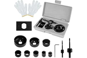 Starich Hole Saw Sets, 12pcs Holesaw Set, 19-64mm Carbon Steel Circular Drill Cutter Kit with a Pair of Gloves & Storage Box, Hole Cutter Kit for Plasterboard,Wood,PVC Board,Plastic Plate (Grey)