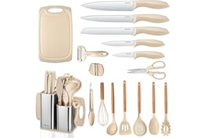 RAXCO Set di coltelli da cucina con blocco, 18 pezzi di utensili da cucina con 5 coltelli e 7 spatole in silicone (Cachi)