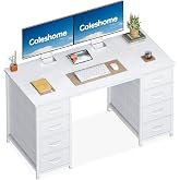 Coleshome Desk with 8 Fabric Drawers, 120 x 48 cm, White | Computer Desk, Space Table, For Home Office