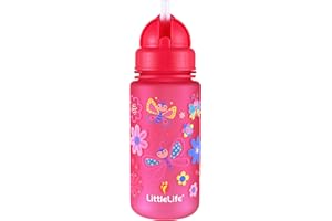 LittleLife Children's Water Bottle With Easy-Access Lid & Straw, 400ml, Pink Butterflies